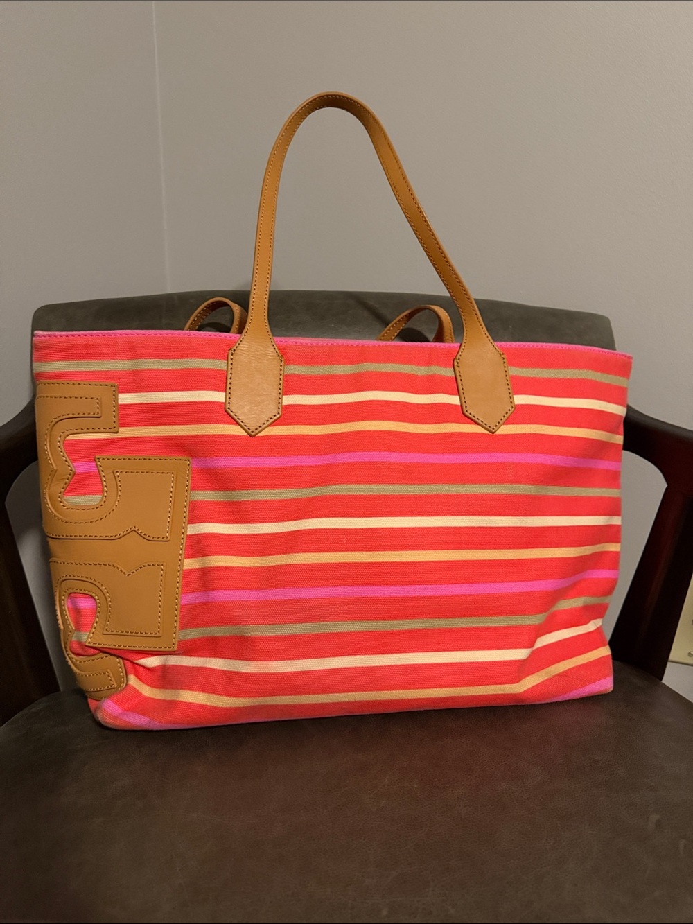 Tory Burch Striped Canvas Tote — Pink, Coral & Tan